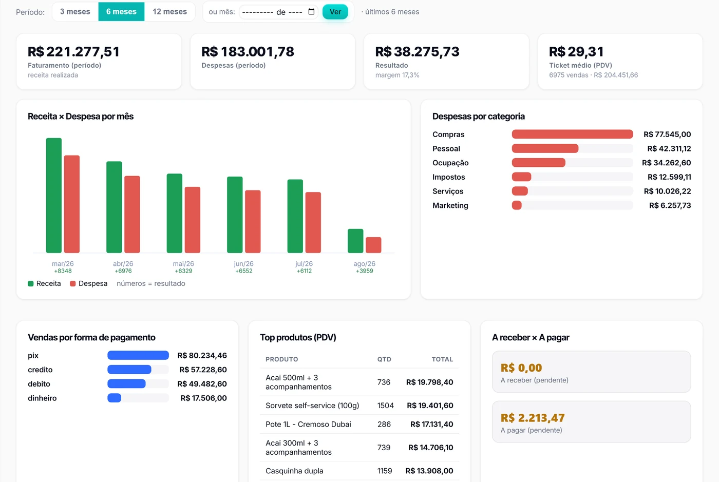 Painel com faturamento, despesas, resultado do mês, receita contra despesa e despesas por categoria